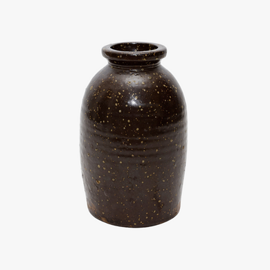 antique dark brown speckled canning jar/crock