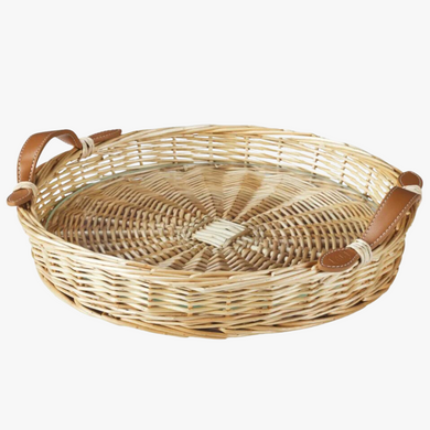 round rattan tray with leather handles