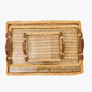 rectangular rattan tray with leather handles