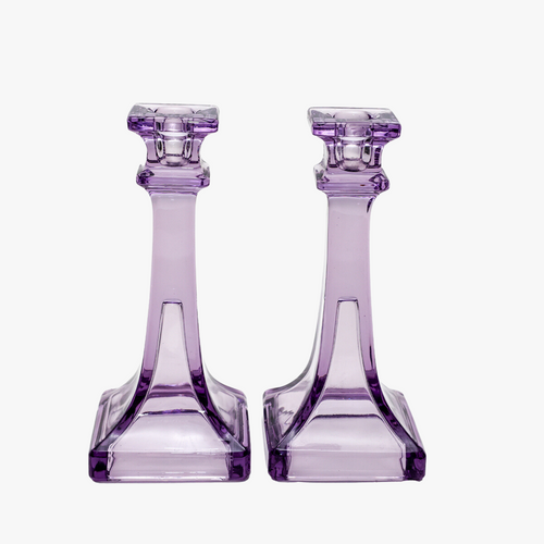 pair of vintage amethyst glass candlesticks