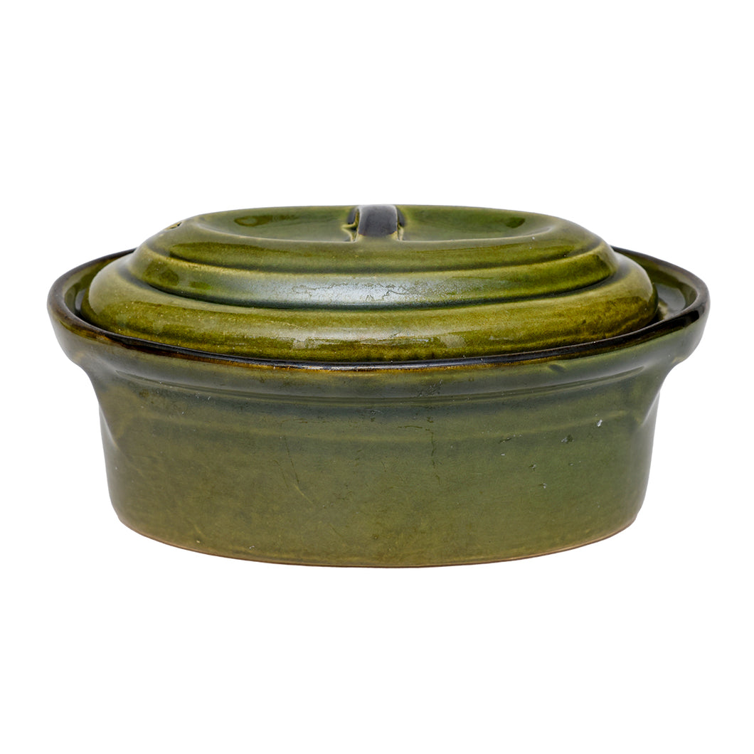 vintage green covered casserole dish