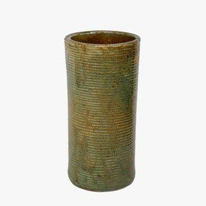 vintage tall green-ish ribbed pottery vase