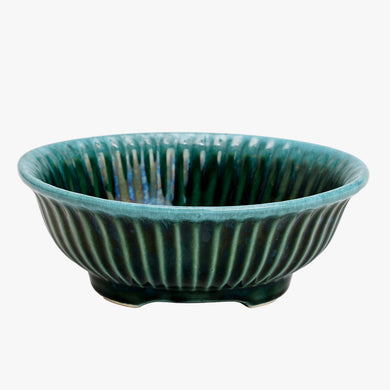 vintage ribbed emerald-blue oval planter