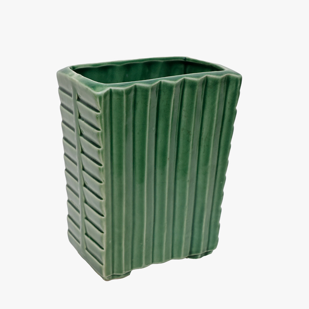 vintage green SP ceramic vase with vertical lines