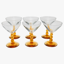 Load image into Gallery viewer, vintage martini/cocktail glasses with amber round bead stem