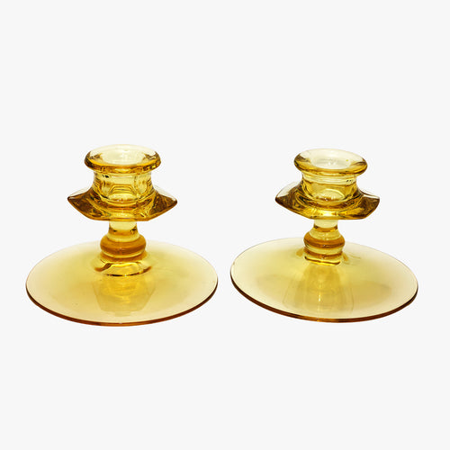 vintage yellow pressed glass candle holders
