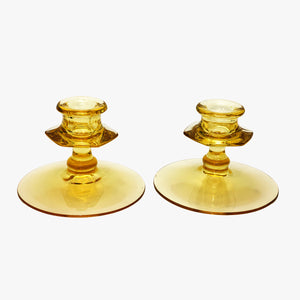 vintage yellow pressed glass candle holders