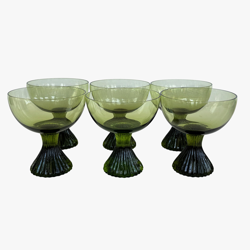 vintage green champagne coupes with ridged bottom