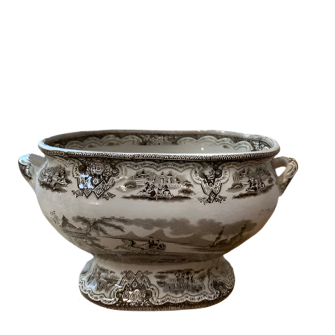 antique brown transferware open tureen