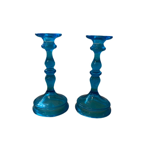 vintage aquamarine glass tall candle holders