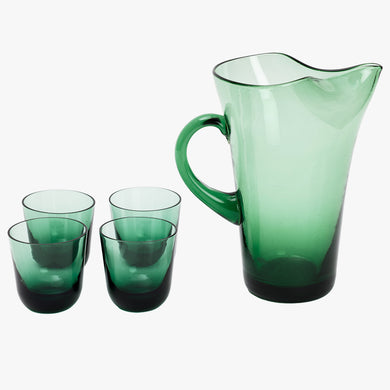 vintage green mouthblown pinched pitcher and mini tumbler set